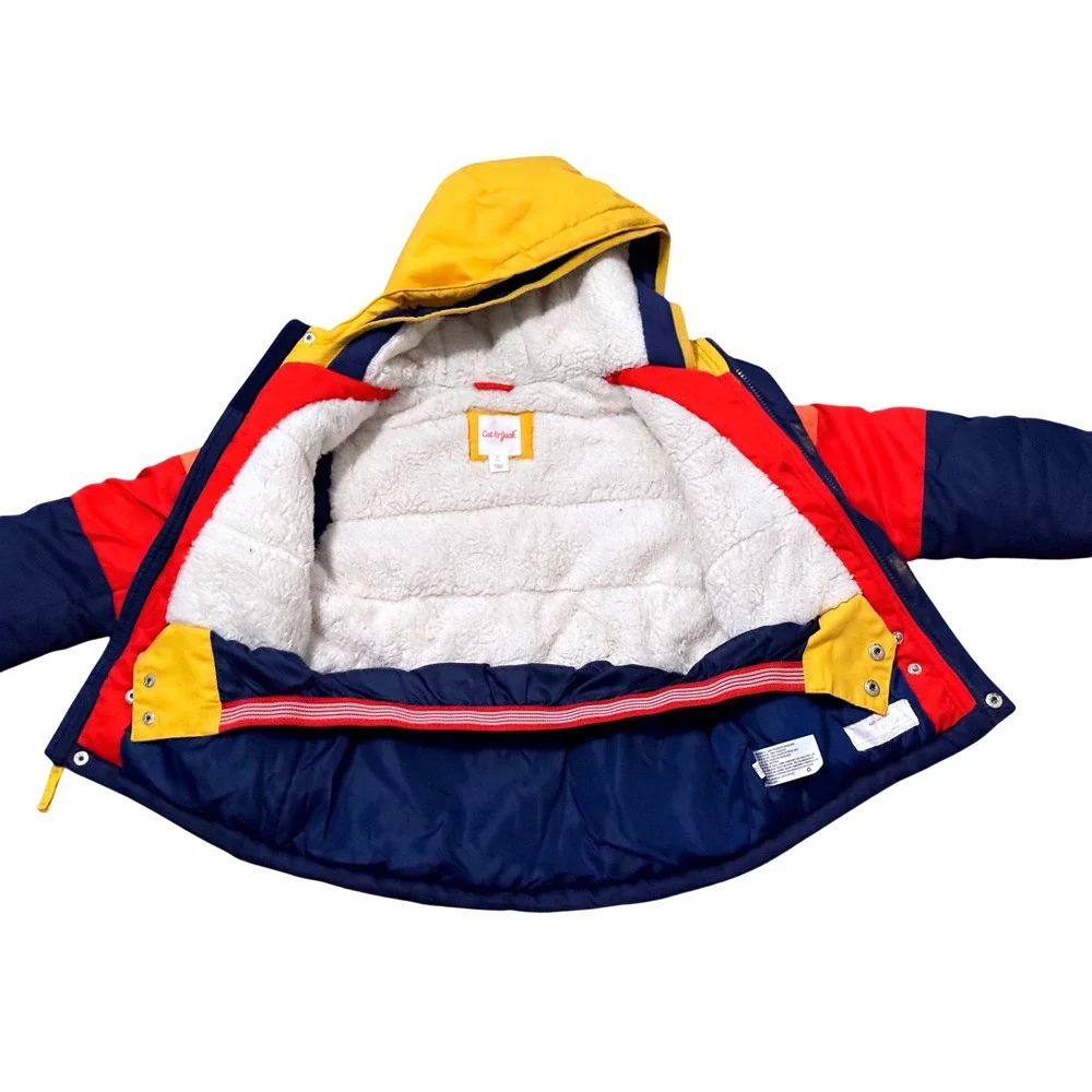 Cat & Jack Kids Puffer Jacket Navy Red Orange Yellow Striped Hooded Size 7